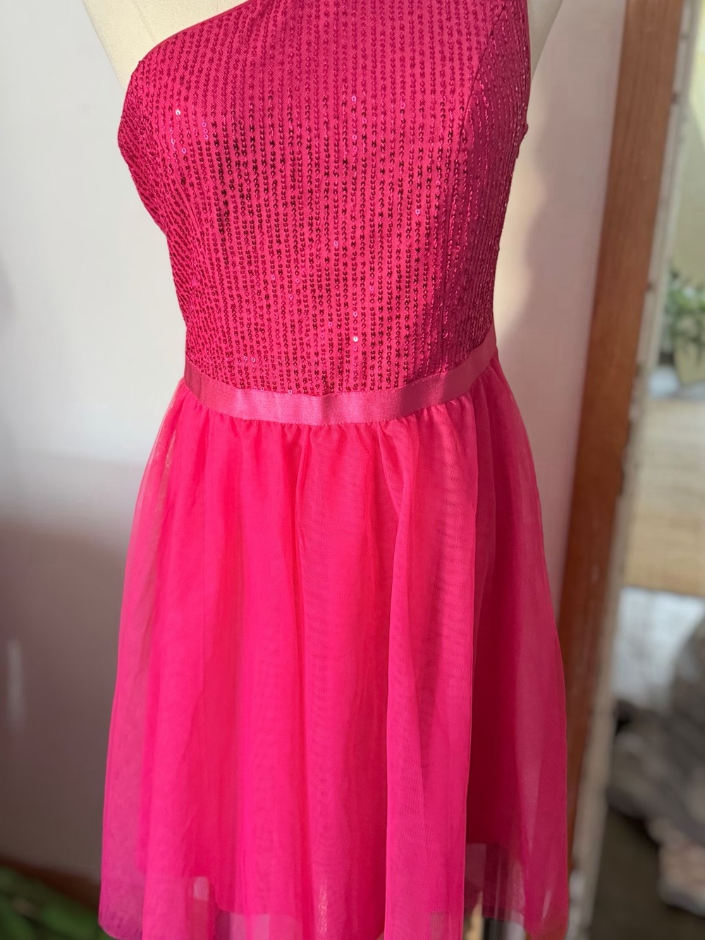 Girls One-Shoulder Sparkle Dress in Hot Pink